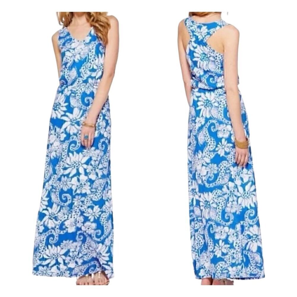 Lilly Pulitzer Mills Racerback Maxi Dress Deep Sea Blu Quahog Chowdah Size Small